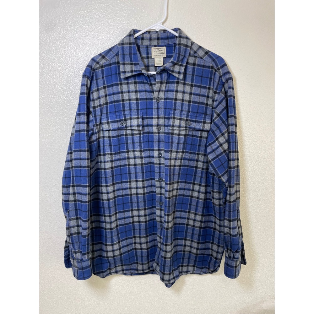 VTG L.L. Bean Flannel Shirt Mens Large Blue Grey Traditional Fit Plaid L-REG‎